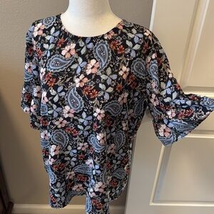 Loft Paisley Blouse with Flutter Sleeves and Keyhole Back, S